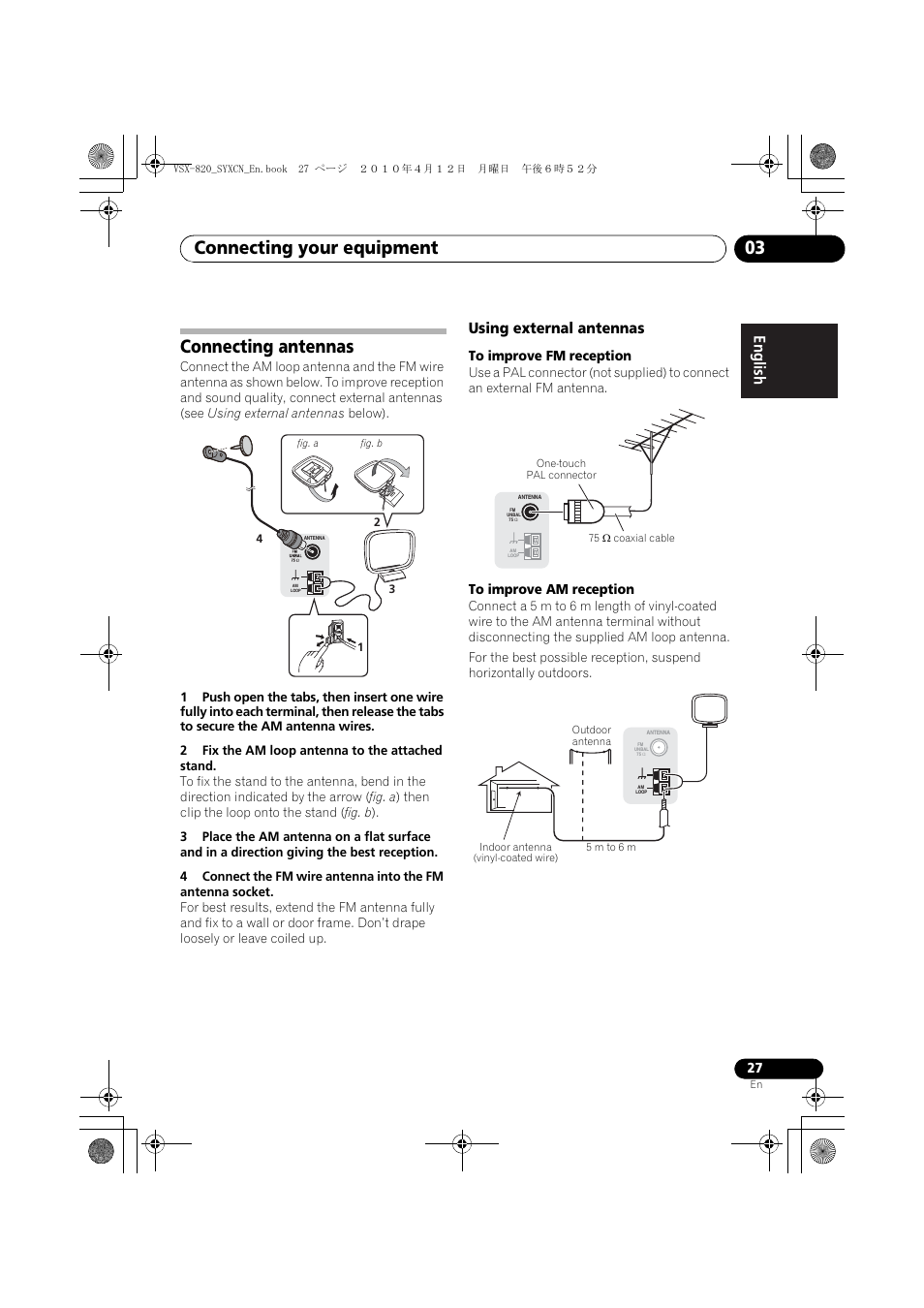 Connecting antennas, Using external antennas, Connecting your equipment 03 | Pioneer VSX-820-K User Manual | Page 27 / 244