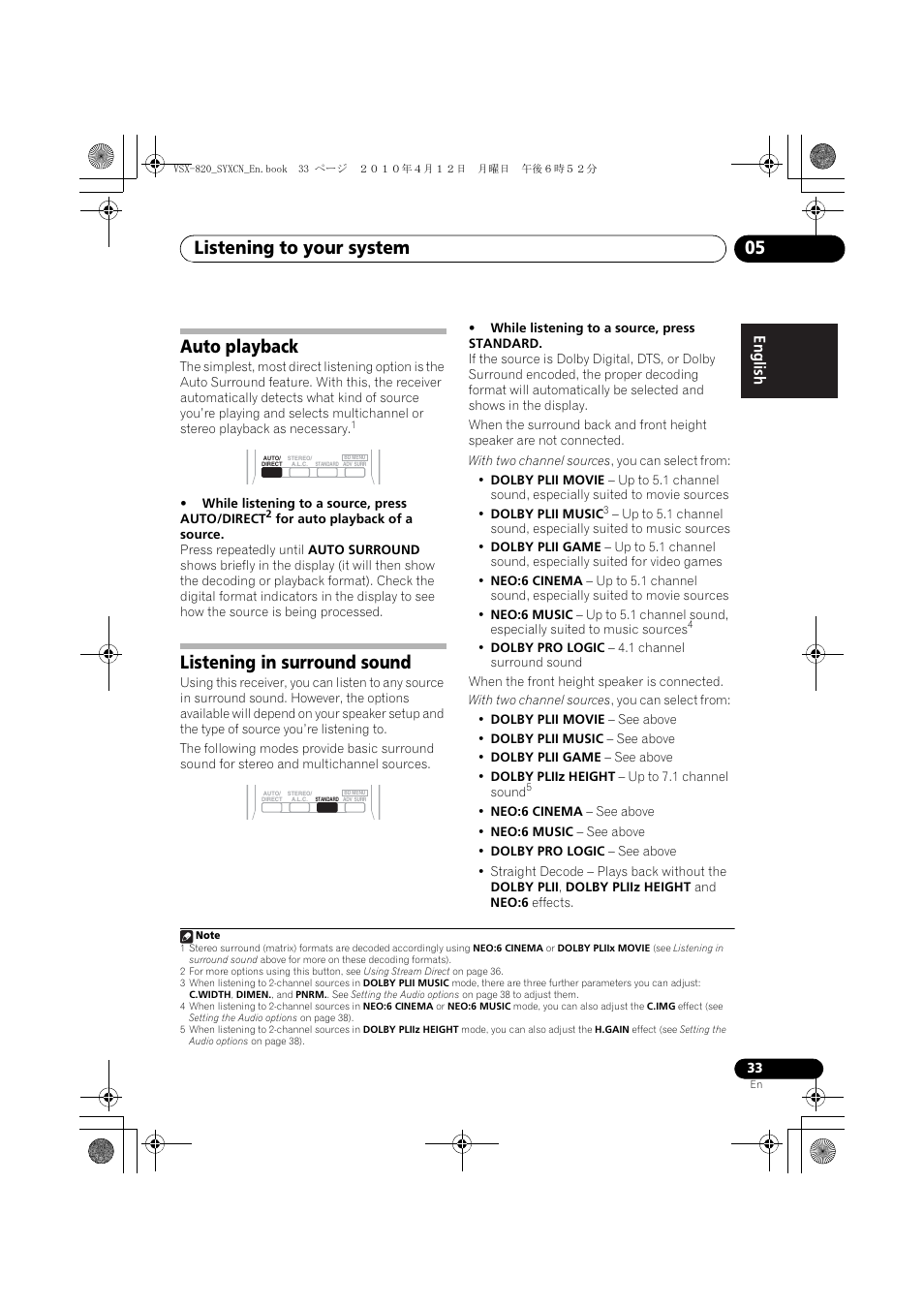 Auto playback, Listening in surround sound, Listening to your system 05 | Pioneer VSX-820-K User Manual | Page 33 / 244
