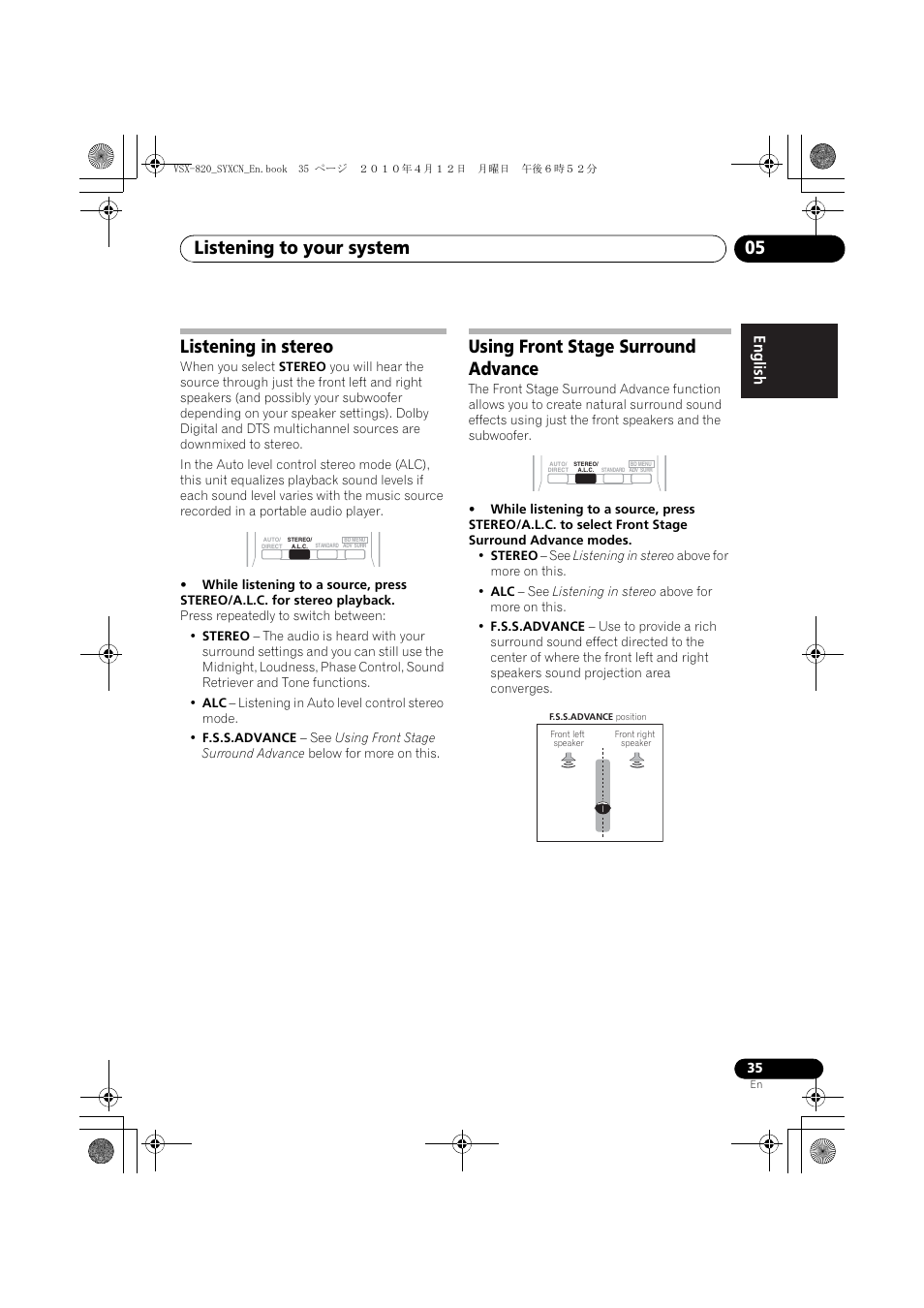 Listening in stereo, Using front stage surround advance, Listening to your system 05 | Pioneer VSX-820-K User Manual | Page 35 / 244