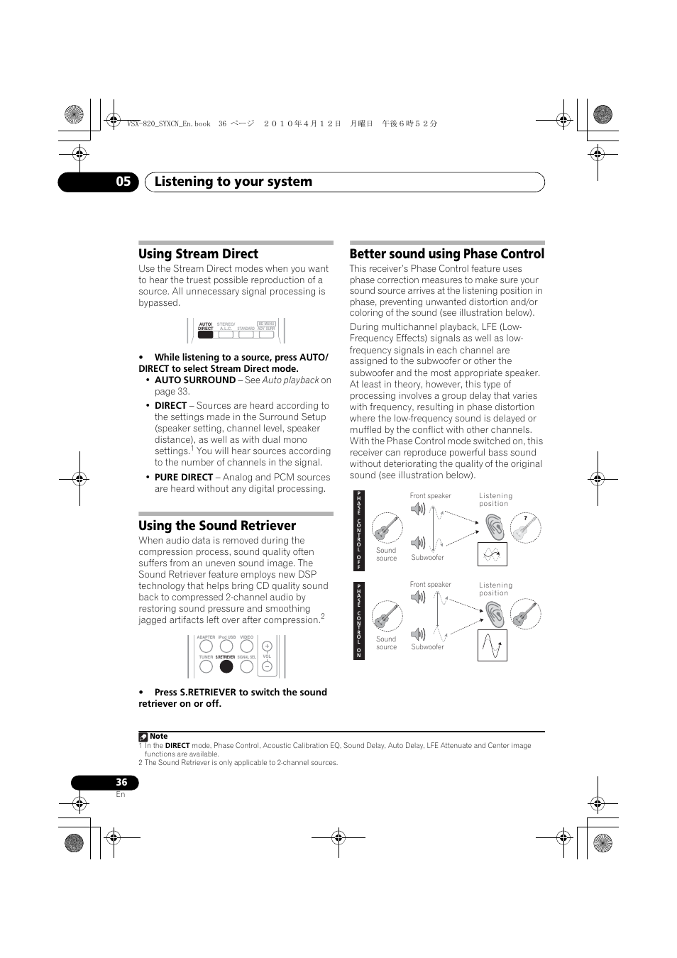 Using stream direct, Using the sound retriever, Better sound using phase control | Listening to your system 05 | Pioneer VSX-820-K User Manual | Page 36 / 244
