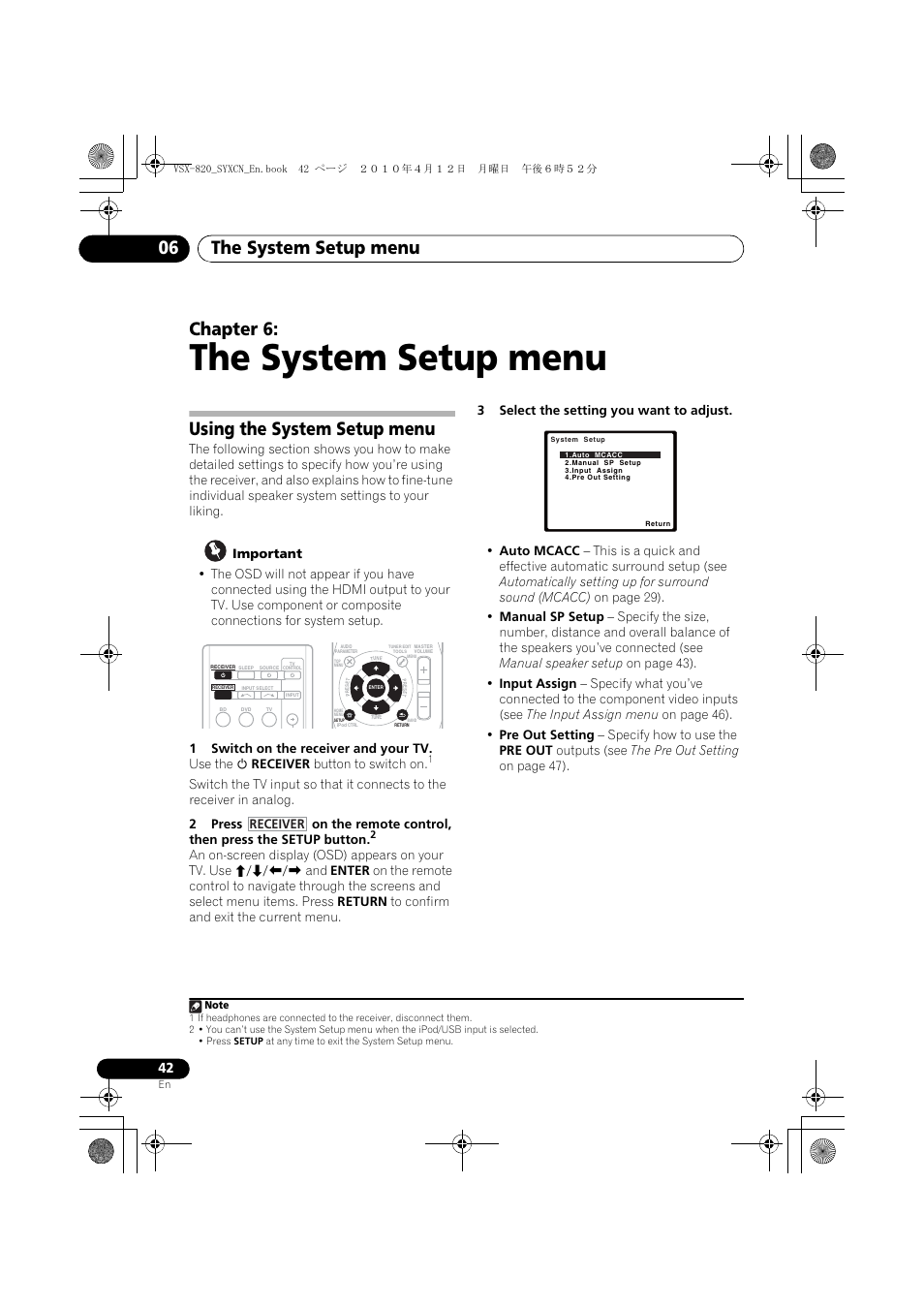 The system setup menu, Using the system setup menu, 06 the system setup menu | The system setup menu 06, Chapter 6, Receiver | Pioneer VSX-820-K User Manual | Page 42 / 244