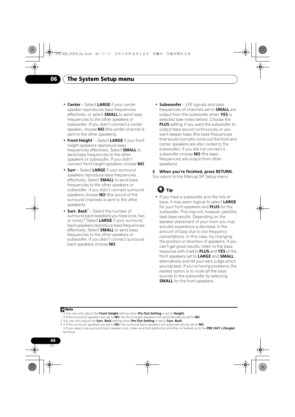 The system setup menu 06 | Pioneer VSX-820-K User Manual | Page 44 / 244