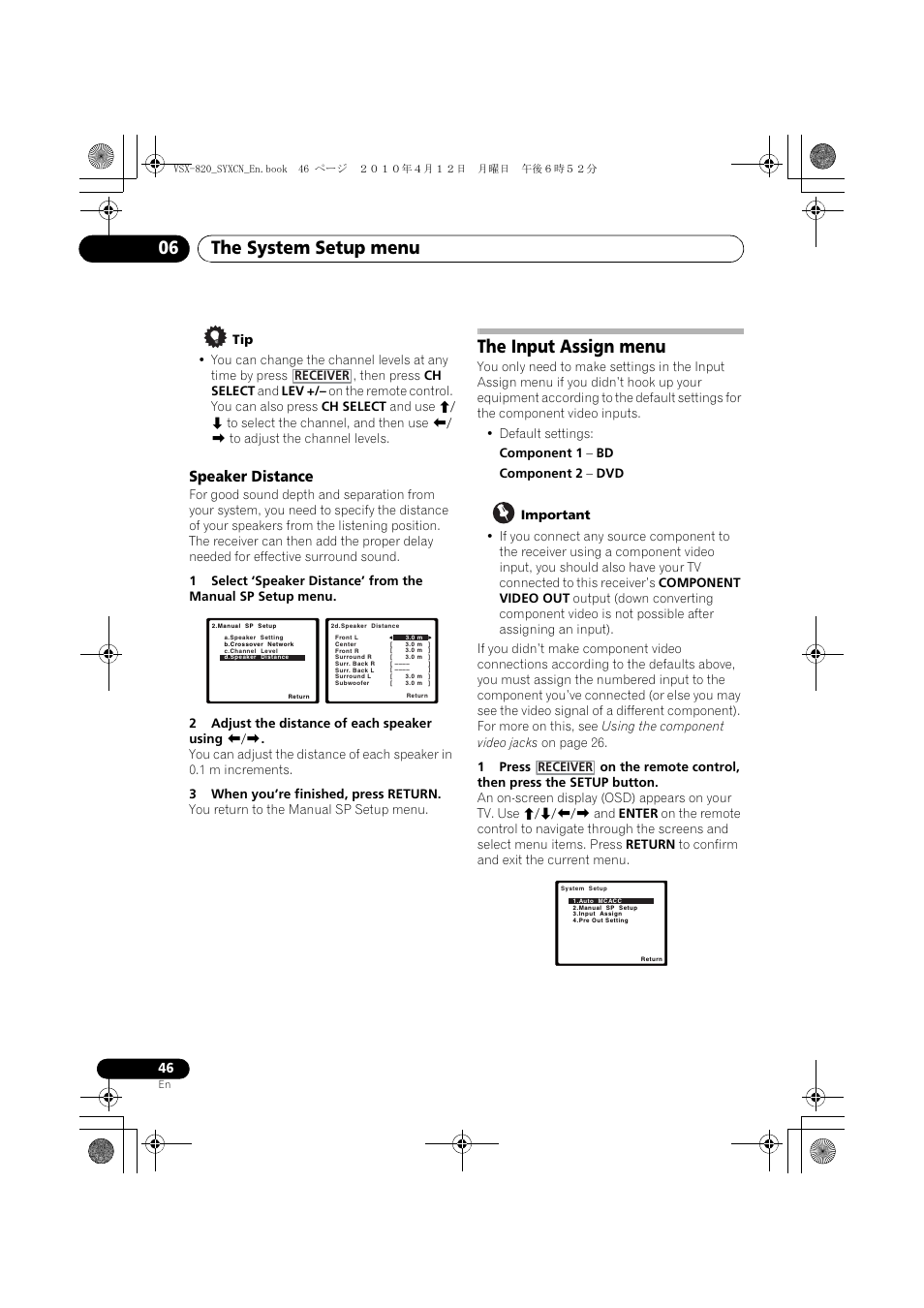 Speaker distance, The input assign menu, The system setup menu 06 | Pioneer VSX-820-K User Manual | Page 46 / 244