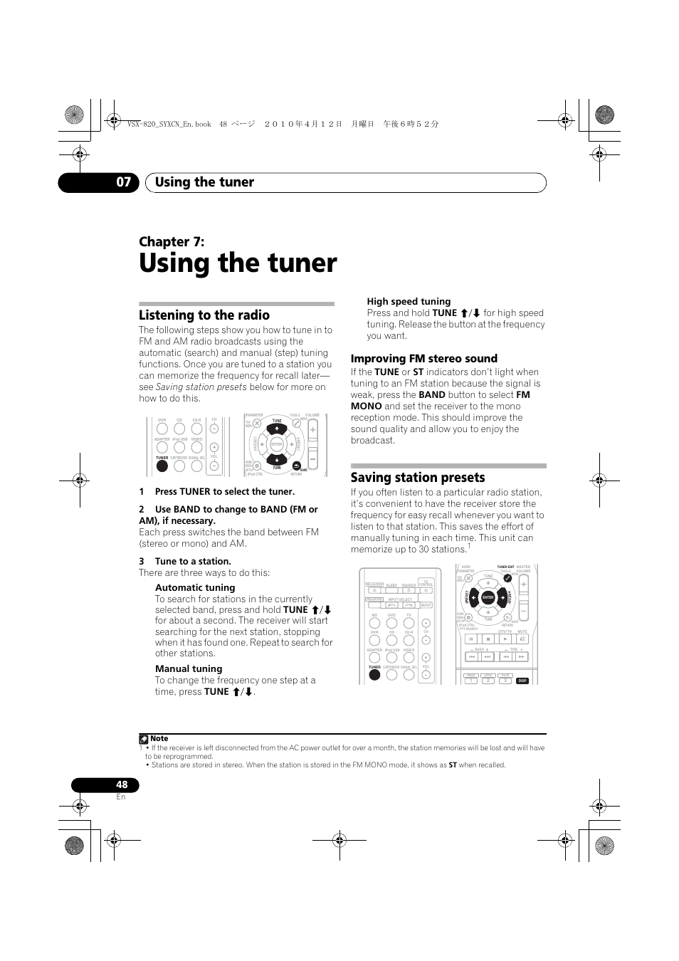 Using the tuner, Listening to the radio, Improving fm stereo sound | Saving station presets, 07 using the tuner, Using the tuner 07, Chapter 7 | Pioneer VSX-820-K User Manual | Page 48 / 244