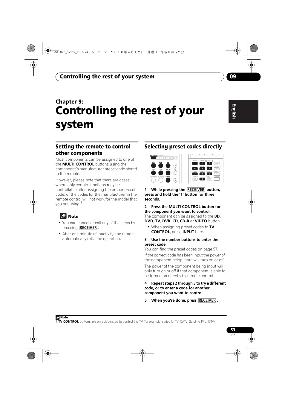 Controlling the rest of your system, Setting the remote to control other components, Selecting preset codes directly | 09 controlling the rest of your system, Controlling the rest of your system 09, Chapter 9 | Pioneer VSX-820-K User Manual | Page 53 / 244