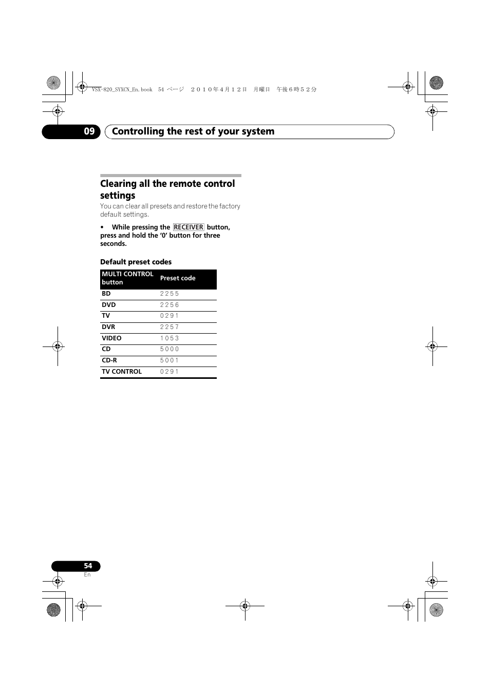 Clearing all the remote control settings, Controlling the rest of your system 09 | Pioneer VSX-820-K User Manual | Page 54 / 244