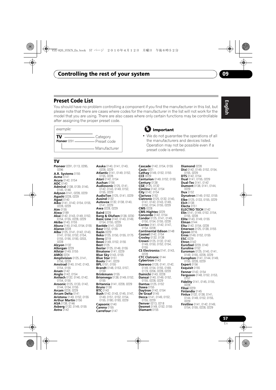 Preset code list, Controlling the rest of your system 09 | Pioneer VSX-820-K User Manual | Page 57 / 244
