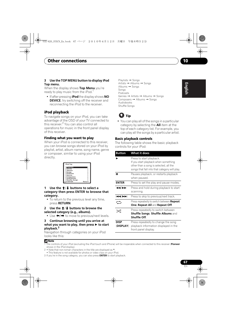 Ipod playback, Other connections 10 | Pioneer VSX-820-K User Manual | Page 67 / 244
