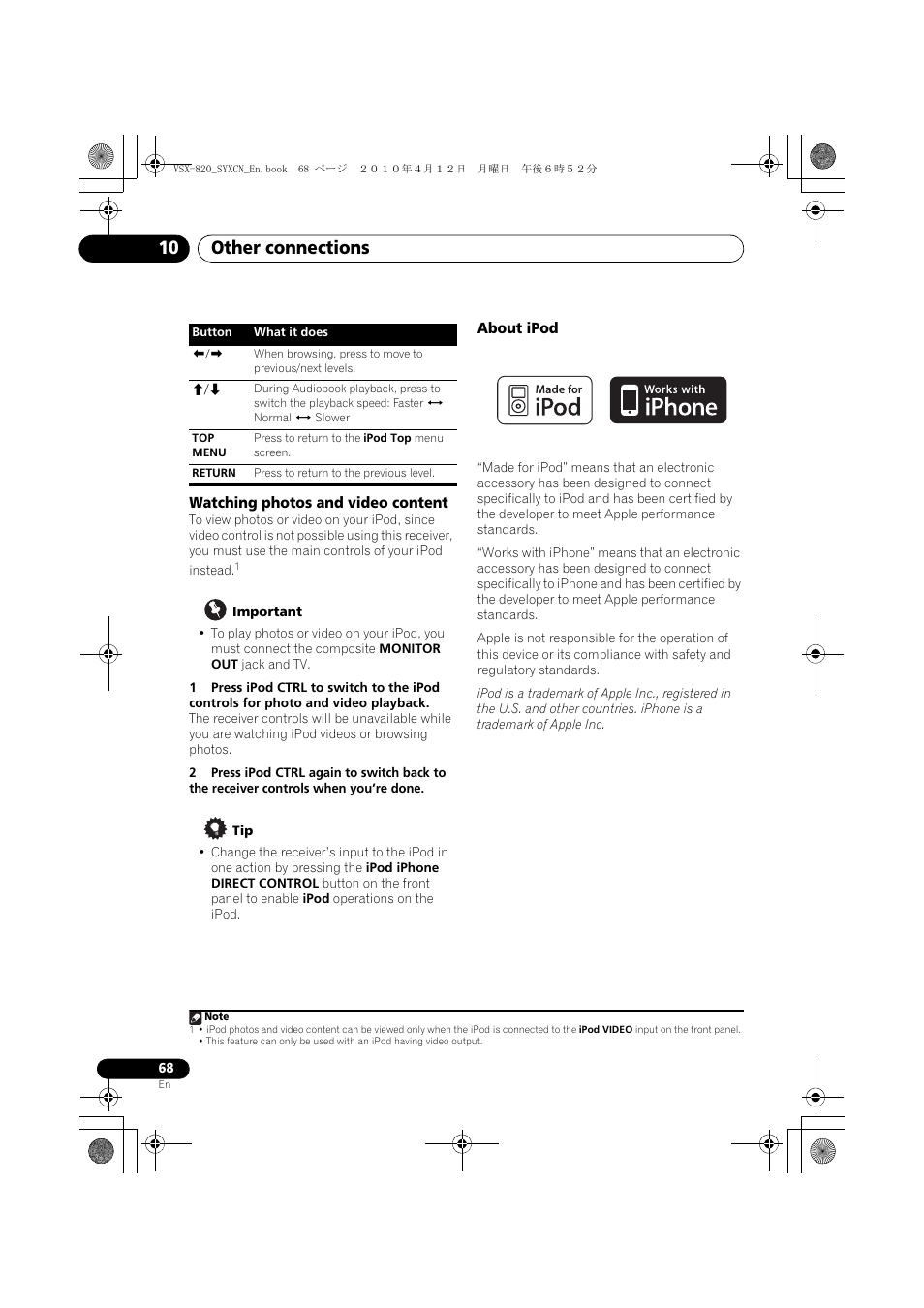 Watching photos and video content, About ipod, Other connections 10 | Pioneer VSX-820-K User Manual | Page 68 / 244