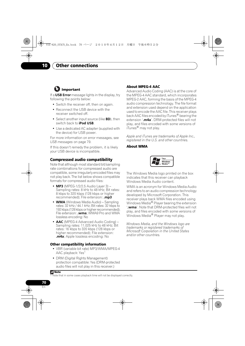 Compressed audio compatibility, Other connections 10 | Pioneer VSX-820-K User Manual | Page 70 / 244