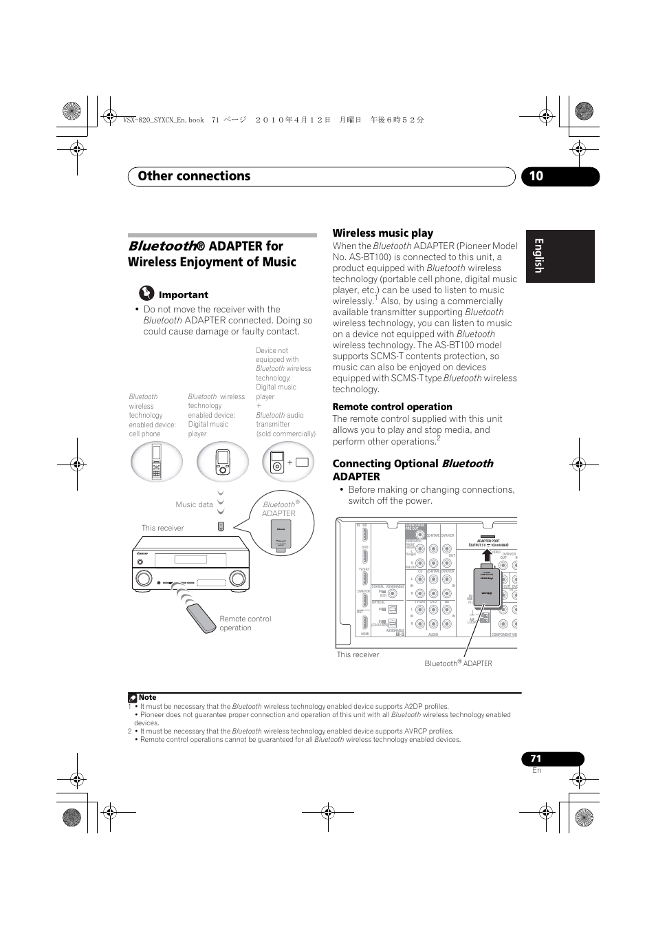 Bluetooth® adapter for wireless enjoyment of music, Wireless music play, Connecting optional bluetooth adapter | Bluetooth, Other connections 10, Adapter for wireless enjoyment of music, Connecting optional, Adapter, Remote control operation | Pioneer VSX-820-K User Manual | Page 71 / 244