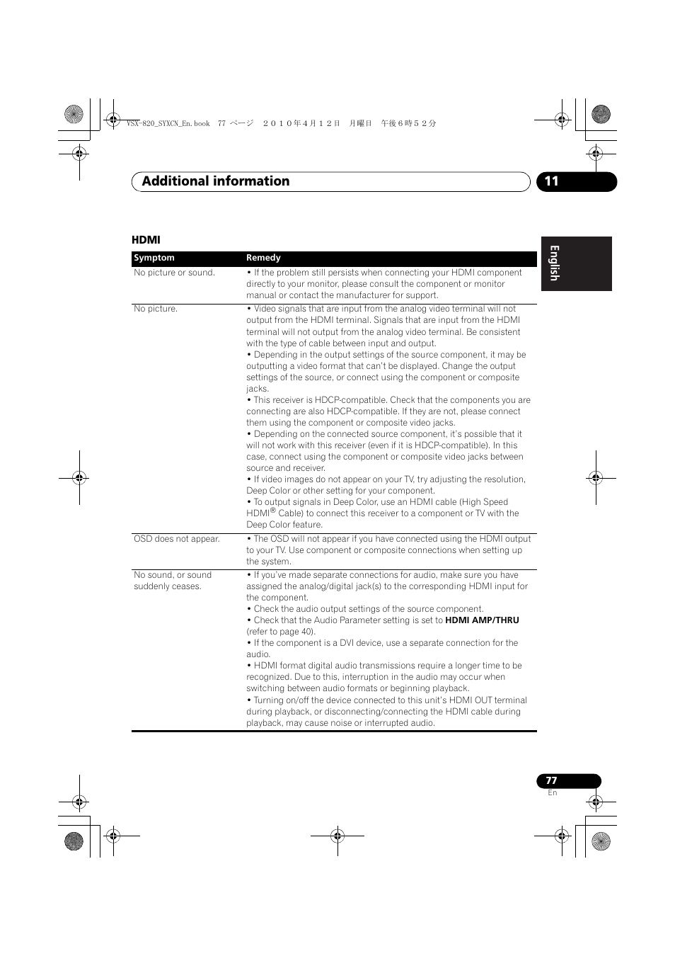 Hdmi, Additional information 11 | Pioneer VSX-820-K User Manual | Page 77 / 244