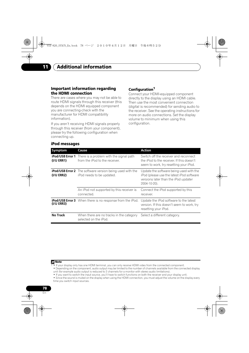 Ipod messages, Additional information 11 | Pioneer VSX-820-K User Manual | Page 78 / 244