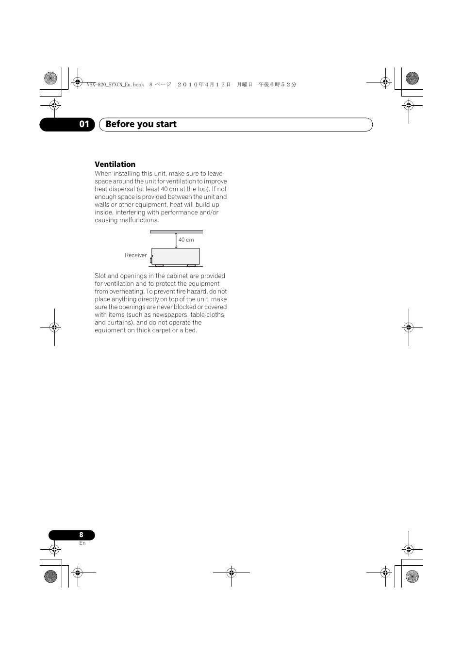 Ventilation, Before you start 01 | Pioneer VSX-820-K User Manual | Page 8 / 244