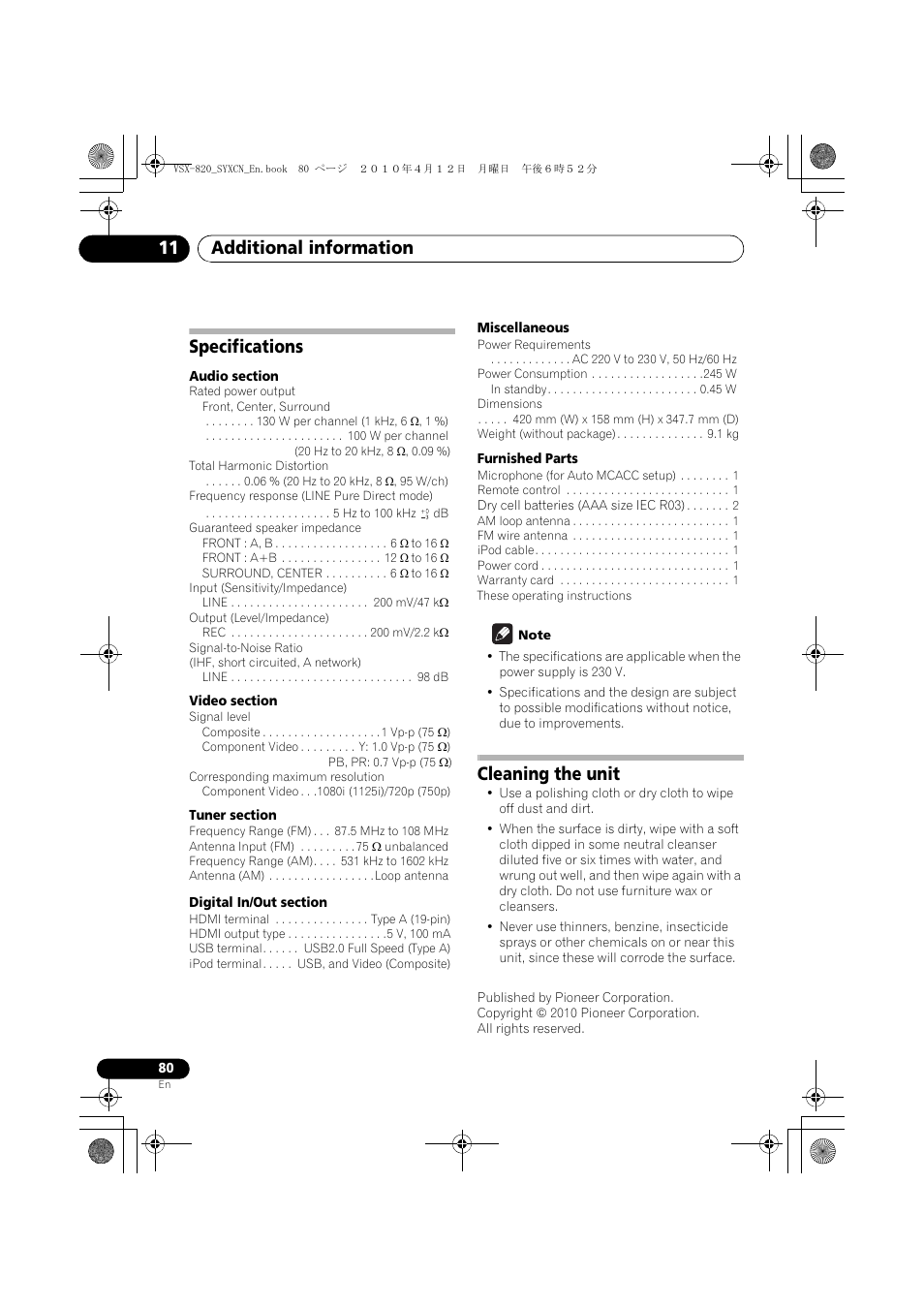 Specifications, Cleaning the unit, Additional information 11 | Pioneer VSX-820-K User Manual | Page 80 / 244