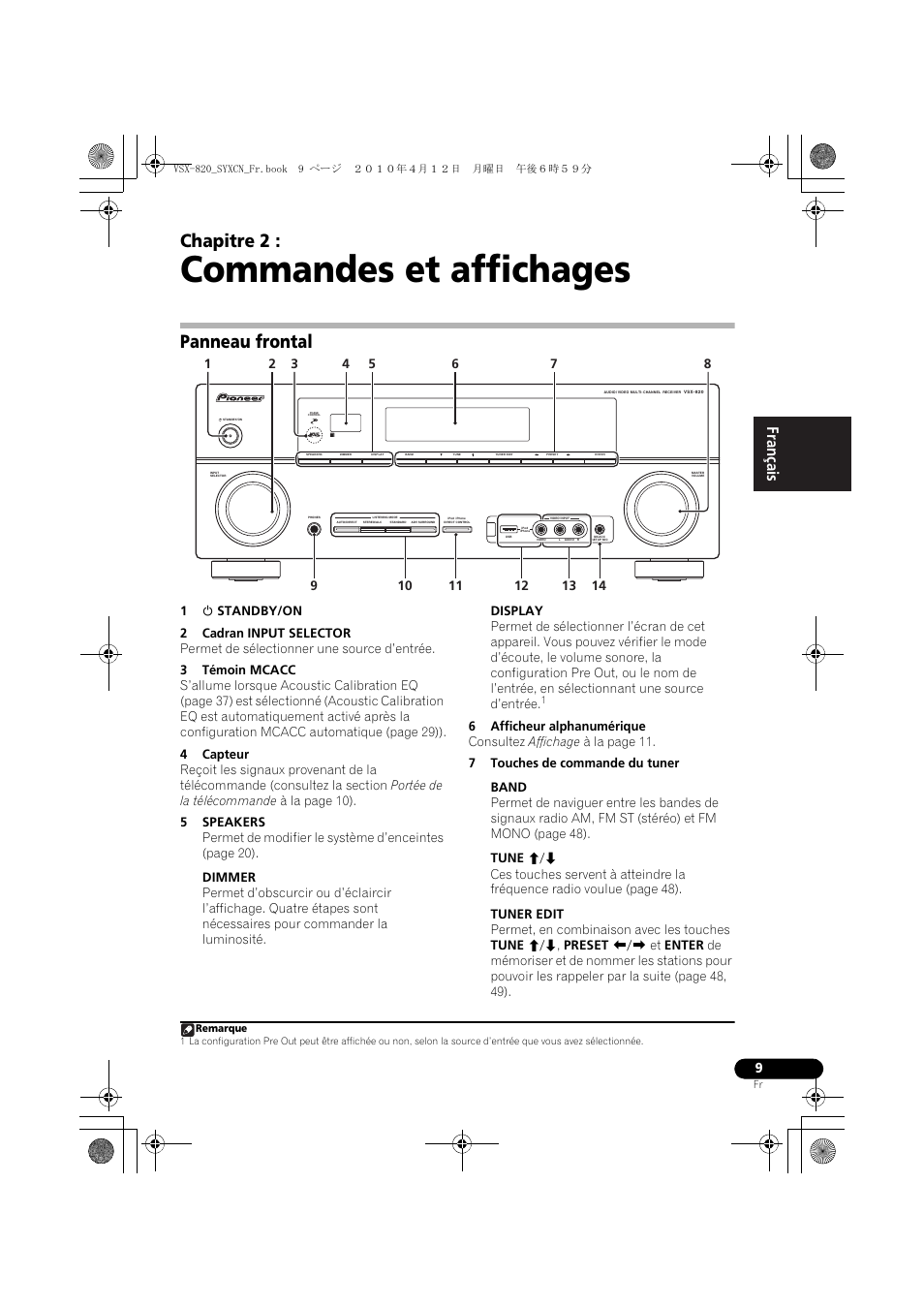 Commandes et affichages, Panneau frontal, 02 commandes et affichages | Chapitre 2 | Pioneer VSX-820-K User Manual | Page 89 / 244