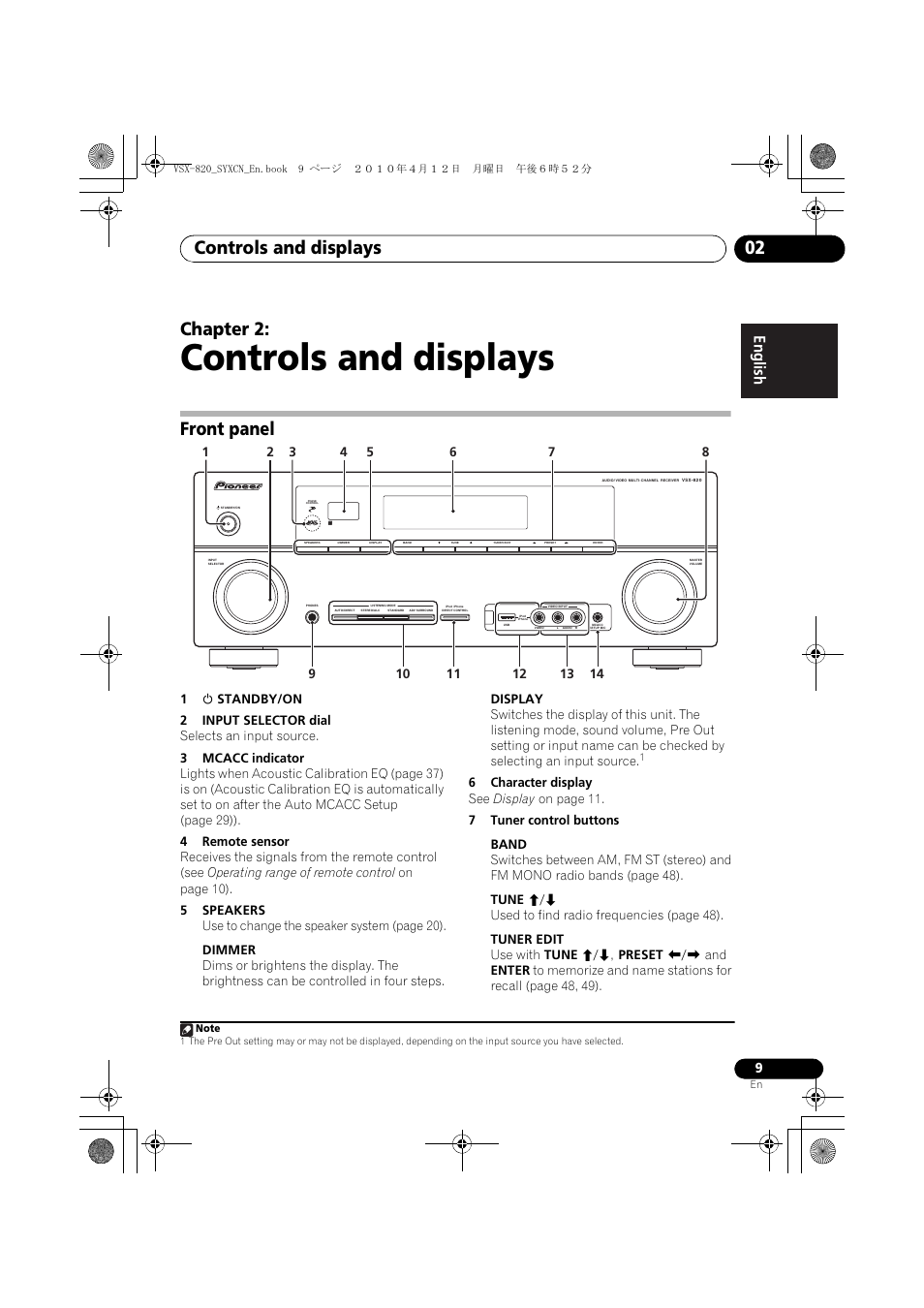 Controls and displays, Front panel, 02 controls and displays | Controls and displays 02, Chapter 2 | Pioneer VSX-820-K User Manual | Page 9 / 244