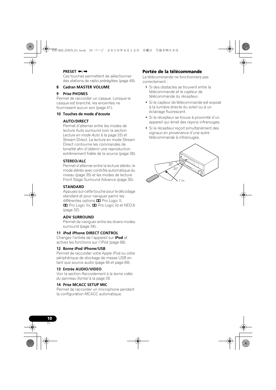 Portée de la télécommande | Pioneer VSX-820-K User Manual | Page 90 / 244