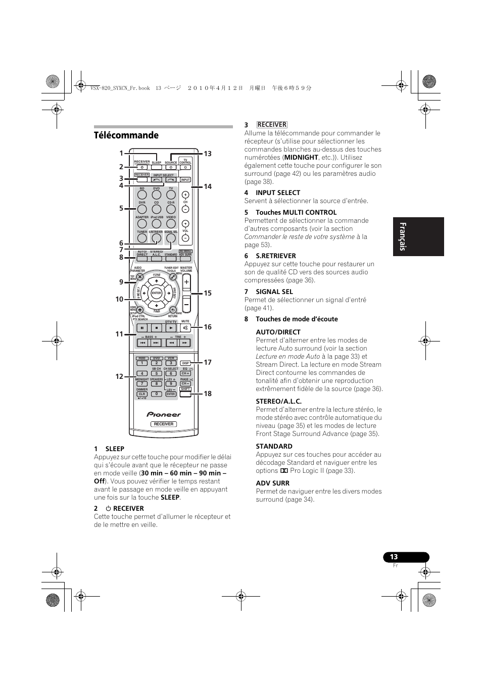 Télécommande, Receiver | Pioneer VSX-820-K User Manual | Page 93 / 244