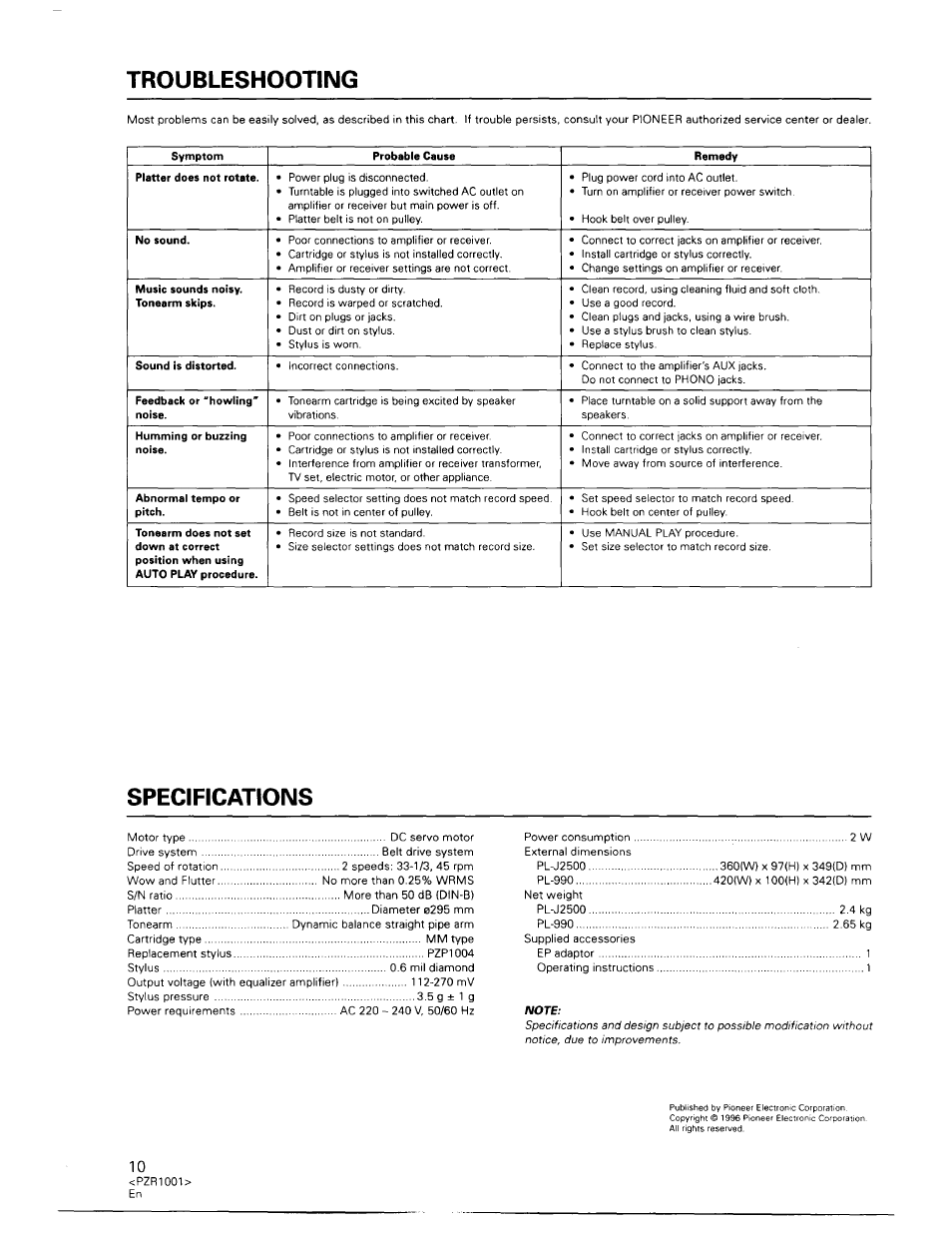 Troubleshooting, Specifications | Pioneer PL-990 User Manual | Page 10 / 26
