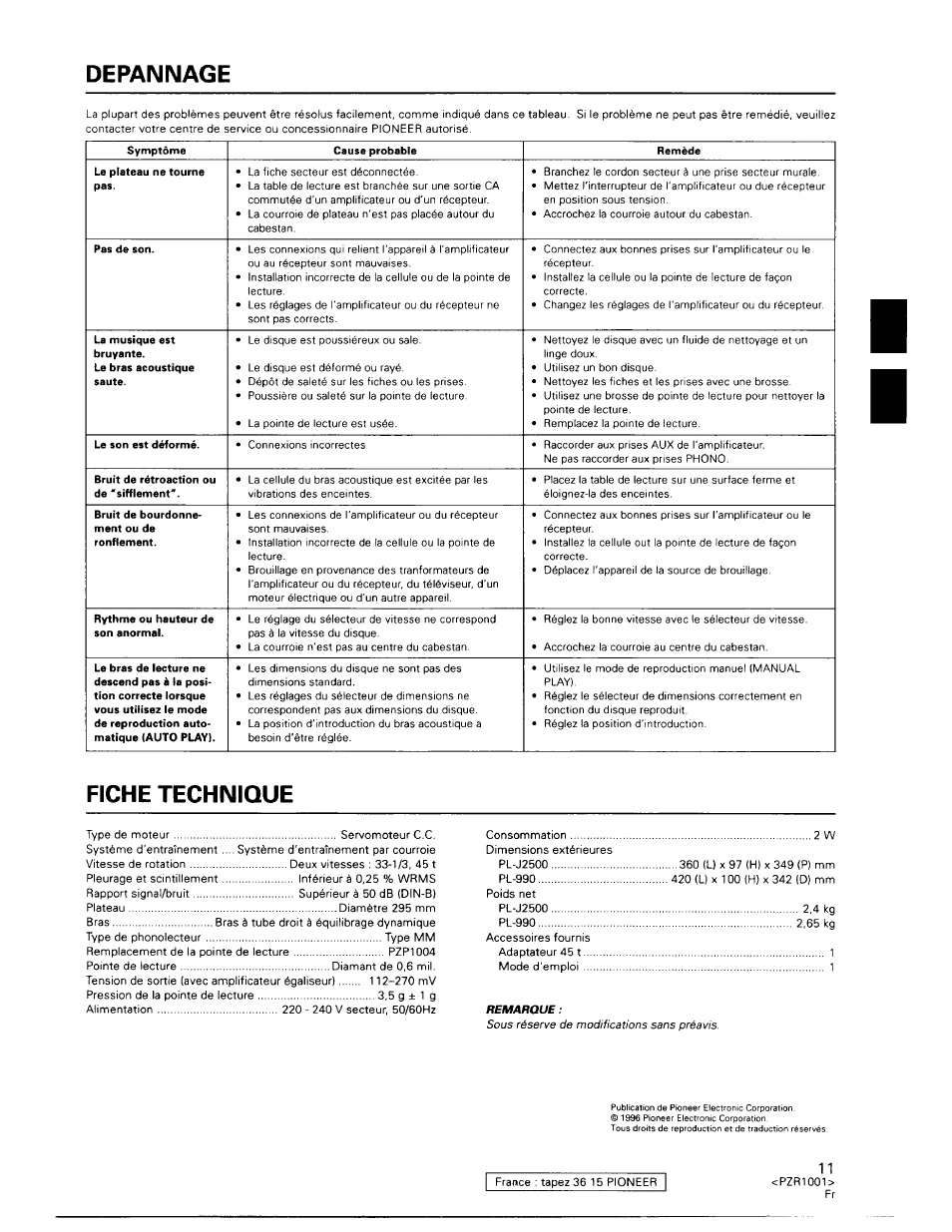 Depannage, Fiche technique | Pioneer PL-990 User Manual | Page 11 / 26