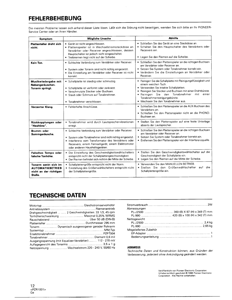 Fehlerbehebung, Technische daten | Pioneer PL-990 User Manual | Page 12 / 26