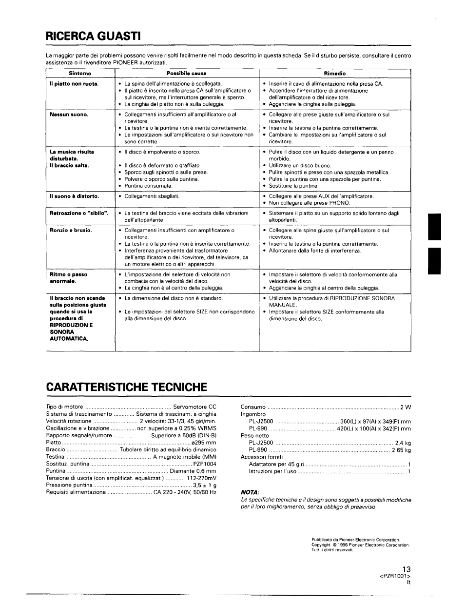 Ricerca guasti, Caratteristiche tecniche | Pioneer PL-990 User Manual | Page 13 / 26