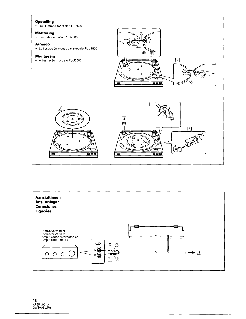 Opstelling, Montering, Armado | Montagem, Aansluitingen, Anslutningar, Conexiones, Ligagóes | Pioneer PL-990 User Manual | Page 16 / 26