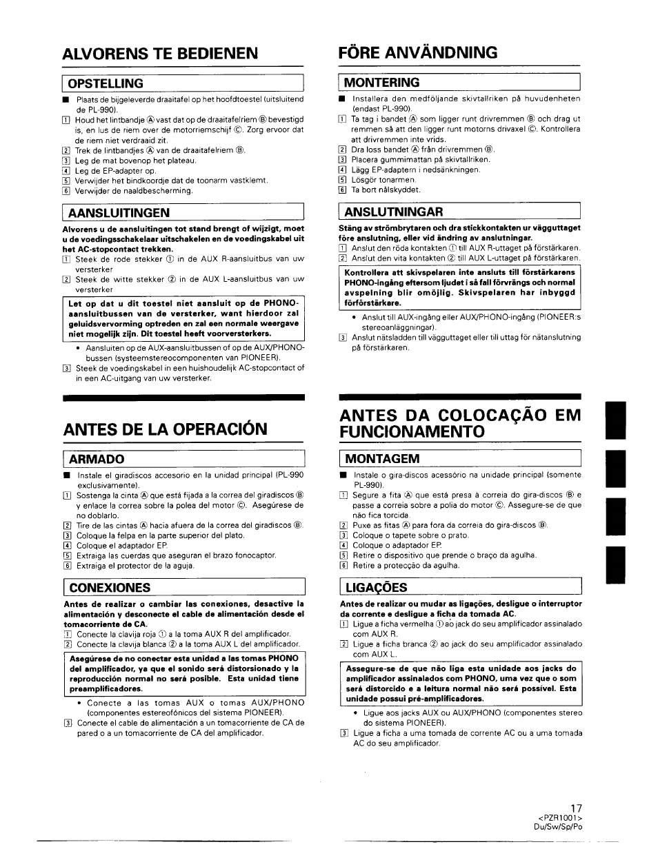 Opstelling, Aansluitingen, Antes de la operación | Armado, Conexiones, Montering, Anslutningar, Antes da colocaçâo em funcionamento, Montagem, Ligaçôes | Pioneer PL-990 User Manual | Page 17 / 26