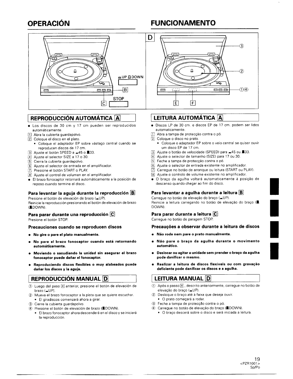 Para levantar la aguja durante la reproducción [b, Para parar durante una reproducción, Precauciones cuando se reproducen discos | Para levantar a aguiha durante a leitura [bj, Para parar durante a leitura, Precau9óes a observar durante a ieitura de discos, Operación funcionamento | Pioneer PL-990 User Manual | Page 19 / 26