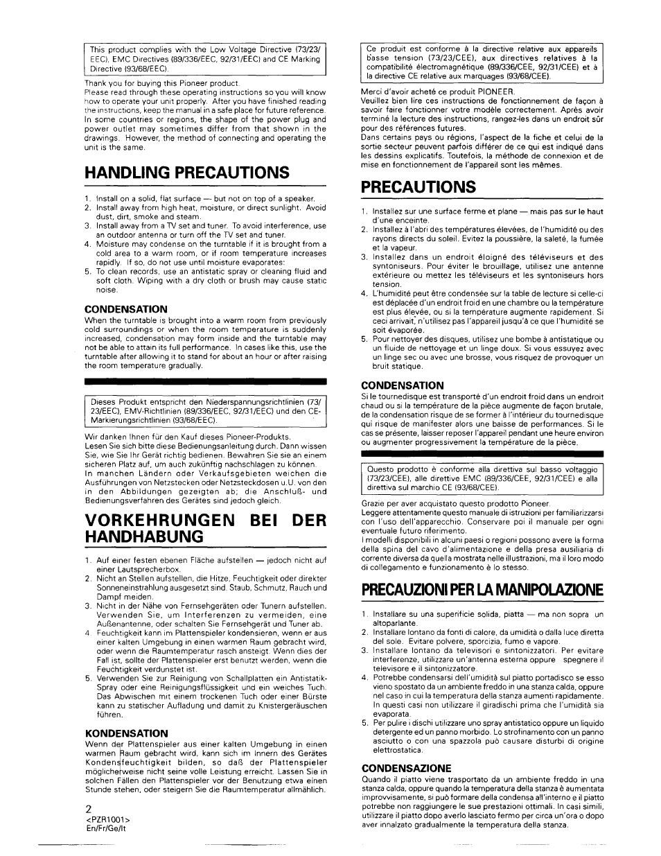 Handling precautions, Condensation, Vorkehrungen bei der handhabung | Kondensation, Precautions, Precauzioni per la manipolazione, Condensazione | Pioneer PL-990 User Manual | Page 2 / 26