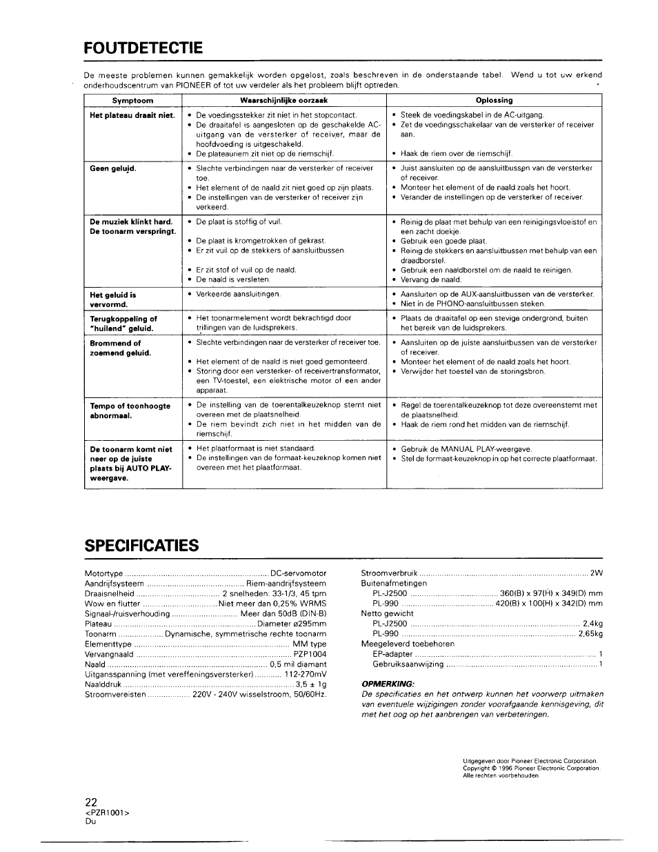 Foutdetectie, Specificaties | Pioneer PL-990 User Manual | Page 22 / 26