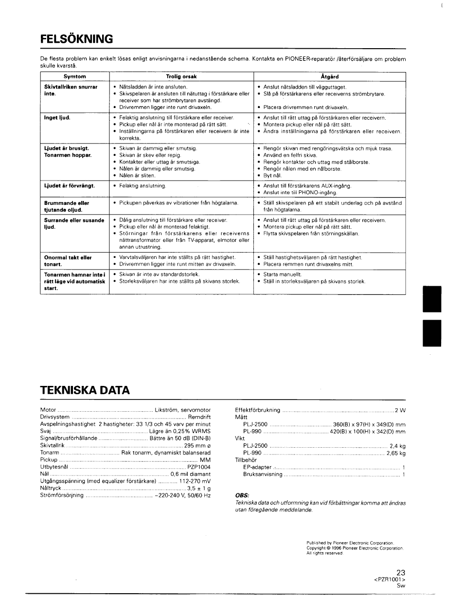 Felsökning, Tekniska data | Pioneer PL-990 User Manual | Page 23 / 26