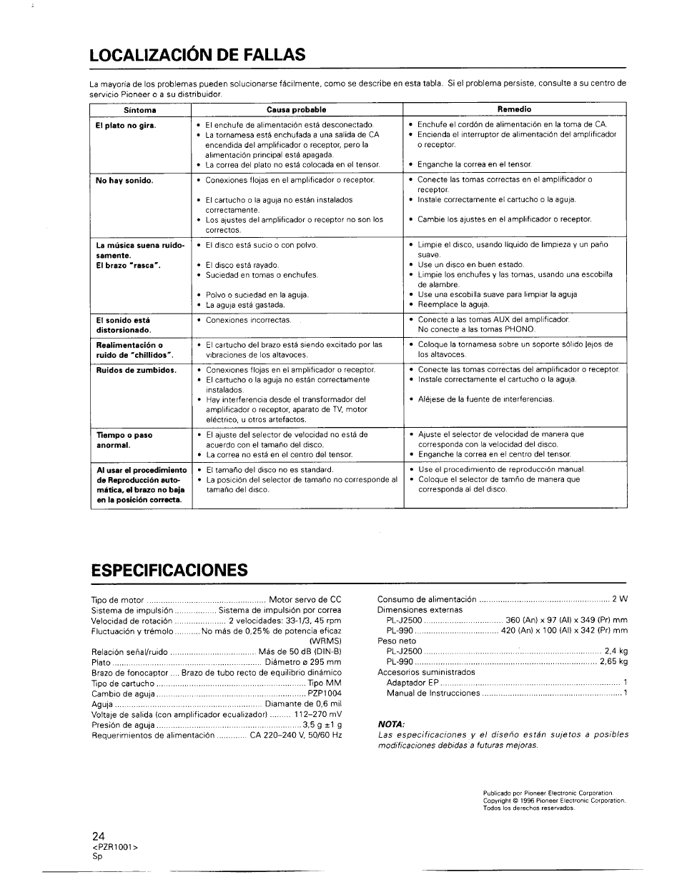 Localización de fallas, Especificaciones | Pioneer PL-990 User Manual | Page 24 / 26