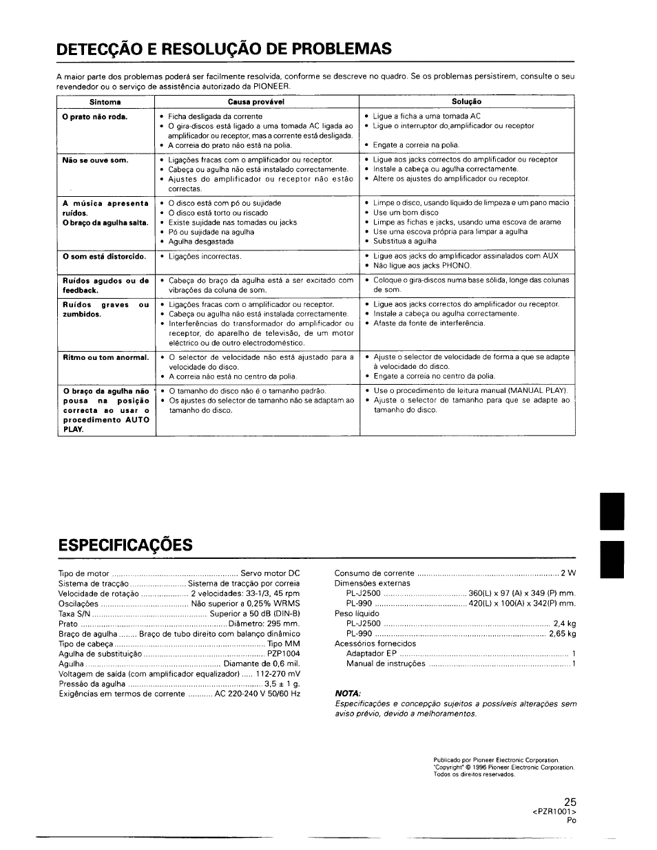 Detecçào e resoluçâo de problemas, Especificaçôes | Pioneer PL-990 User Manual | Page 25 / 26