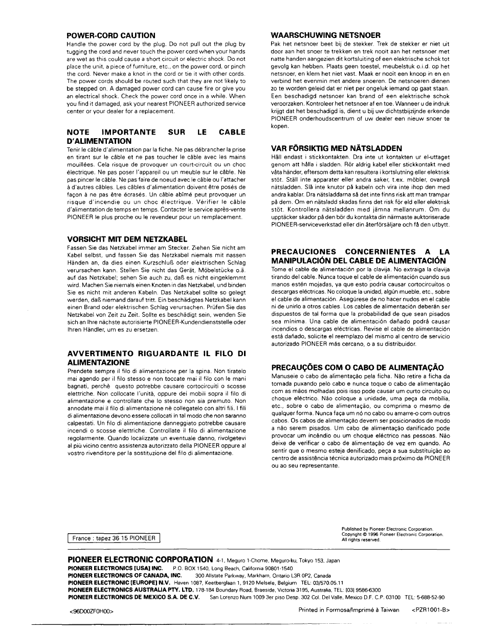 Power-cord caution, Note importante sur le cable d'alimentation, Waarschuwing netsnoer | Var försiktig med nàtsladden, Vorsicht mit dem netzkabel, Avvertimento riguardante il filo di alimentazione, Precaugóes com o cabo de alimentagáo | Pioneer PL-990 User Manual | Page 26 / 26