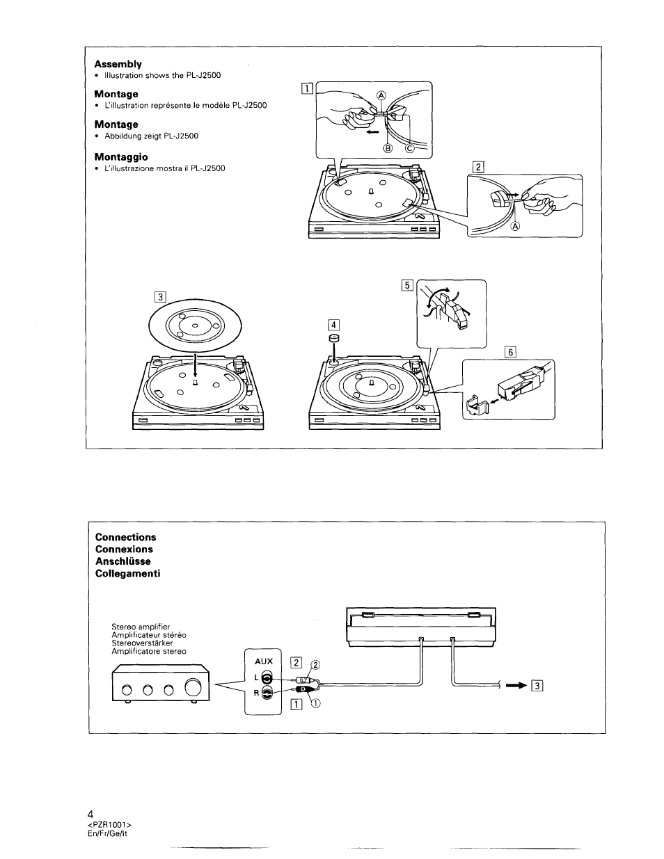 Assembly, Montage, Montaggio | Connections, Connexions, Anschlüsse, Collegamenti | Pioneer PL-990 User Manual | Page 4 / 26