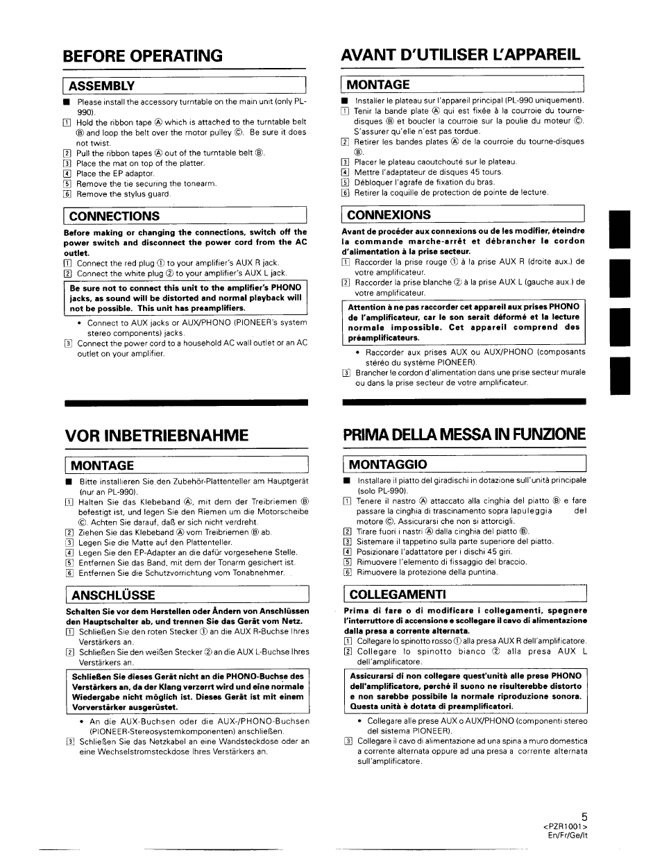 Avant d'utiliser l'appareil, Assembly, Connections | Montage, Connexions, Prima della messa in funzione, Anschlüsse, Montaggio, Collegamenti, Before operating avant d'utiliser l'appareil | Pioneer PL-990 User Manual | Page 5 / 26