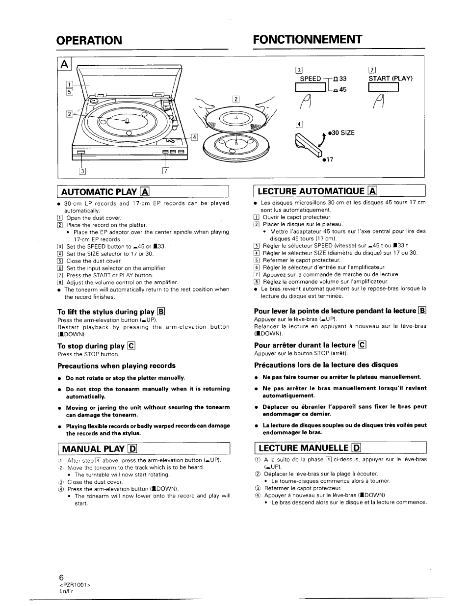 Fonctionnement, Automatic play a, To lift the stylus during play [b | To stop during play, Precautions when playing records, Pour arrêter durant la lecture, Précautions lors de la lecture des disques, Operation fonctionnement | Pioneer PL-990 User Manual | Page 6 / 26