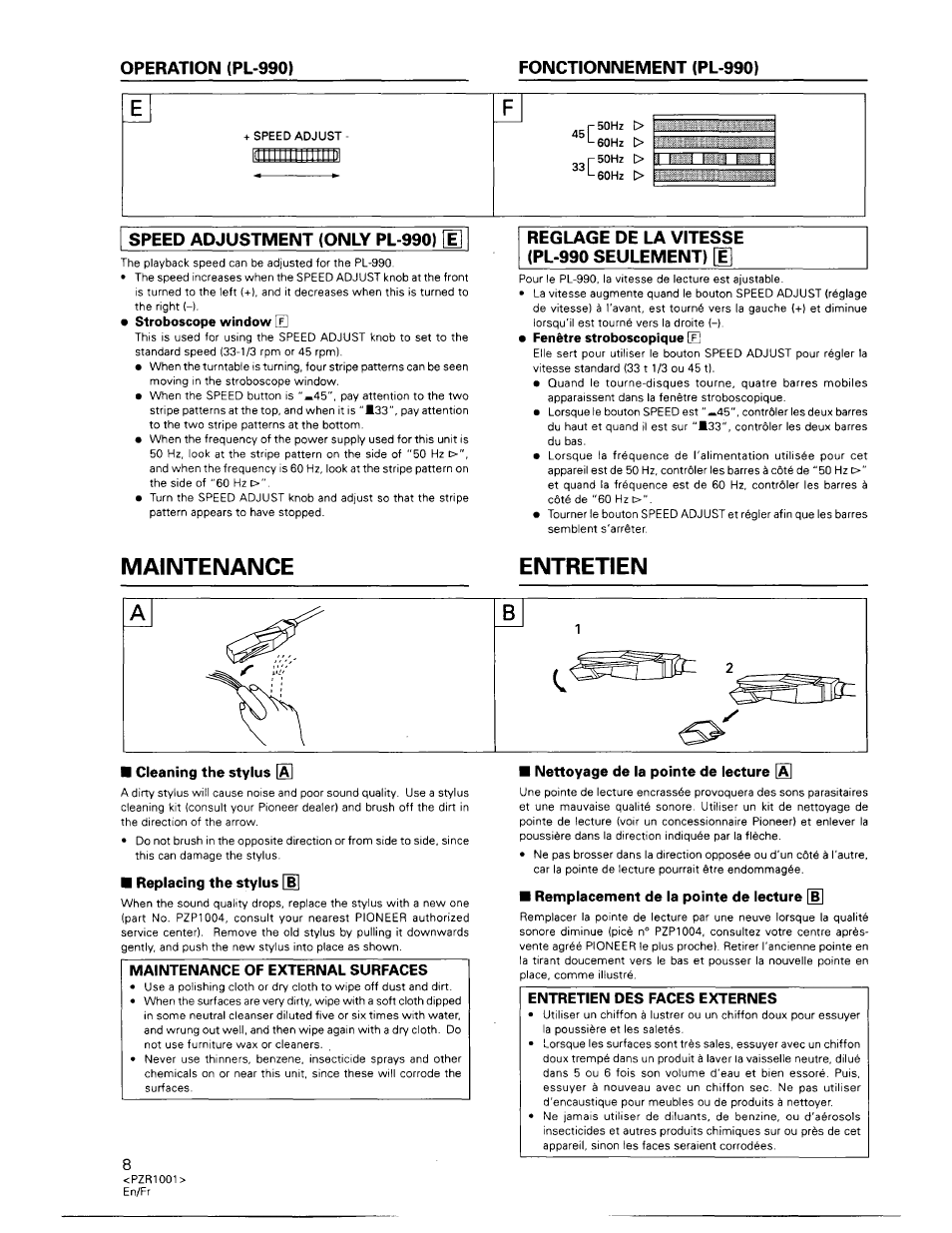 Fonctionnement (pl-990), Speed adjustment (only pl-990) [e, Stroboscope window [f | Fenêtre stroboscopique [e, Maintenance, Replacing the stylus [b, Remplacement de la pointe de lecture [b, Entretien des faces externes, Maintenance entretien | Pioneer PL-990 User Manual | Page 8 / 26