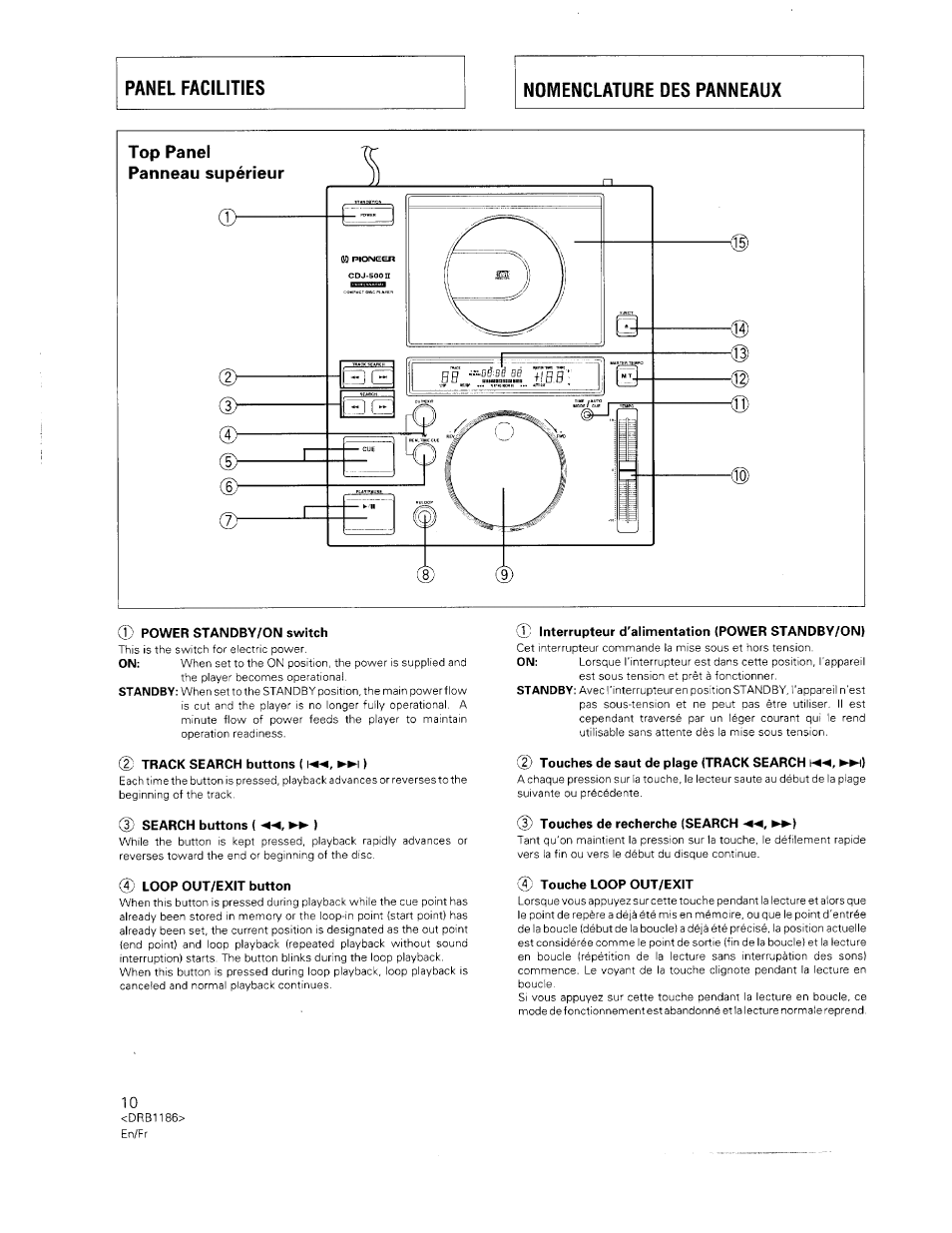 Power standby/on switch, Track search buttons (i, Search buttons (◄◄,►►) | Loop out/exit button, Interrupteur d'alimentation (power standby/on), Touches de saut de plage (track search ►►(), Touches de recherche (search ►►), Touche loop out/exit | Pioneer CDJ-500II User Manual | Page 10 / 91