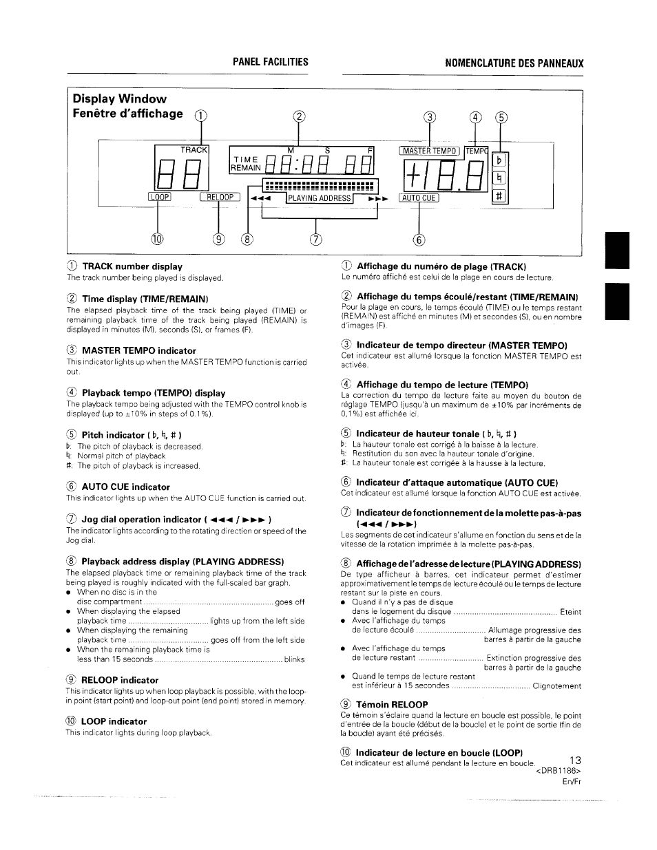 2) time display (time/remain), D) master tempo indicator, 0 playback tempo (tempo) display | 0 pitch indicator ( b, n, # ), Auto cue indicator, 0 jog dial operation indicator ( ◄◄◄ / ►►► ), Reloop indicator, Loop indicator, 0 affichage du temps écouié/restant (time/remain), 0 indicateur de tempo directeur (master tempo) | Pioneer CDJ-500II User Manual | Page 13 / 91