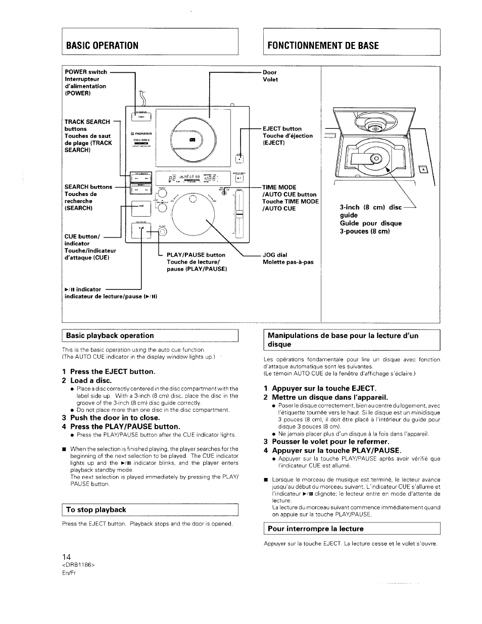 Inch (8 cm) dise guide, Basic playback operation, 1 press the eject button | 2 load a disc, 3 push the door in to close, 4 press the play/pause button, 1 appuyer sur la touche eject, 2 mettre un disque dans l'appareil, 3 pousser le volet pour le refermer, 4 appuyer sur la touche play/pause | Pioneer CDJ-500II User Manual | Page 14 / 91