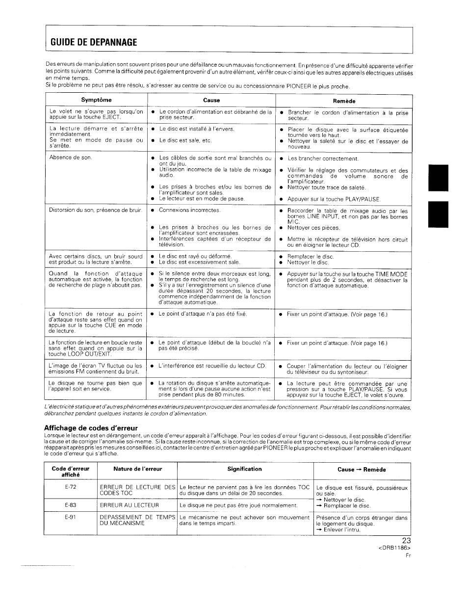 Guide de depannage, Affichage de codes d'erreur | Pioneer CDJ-500II User Manual | Page 23 / 91