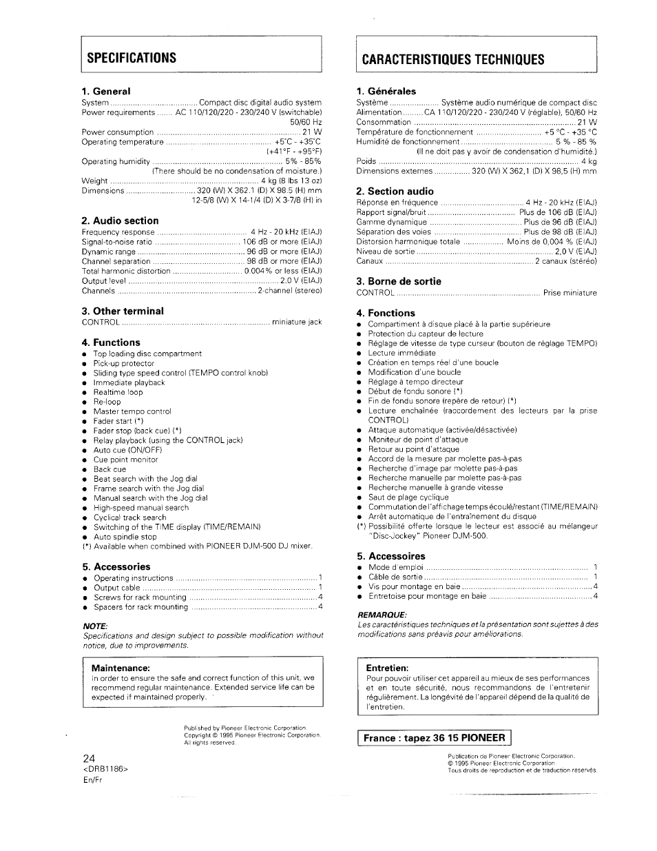 Maintenance, Entretien, Générales | Borne de sortie, Fonctions, Accessoires, France : tapez 36 15 pioneer | Pioneer CDJ-500II User Manual | Page 24 / 91