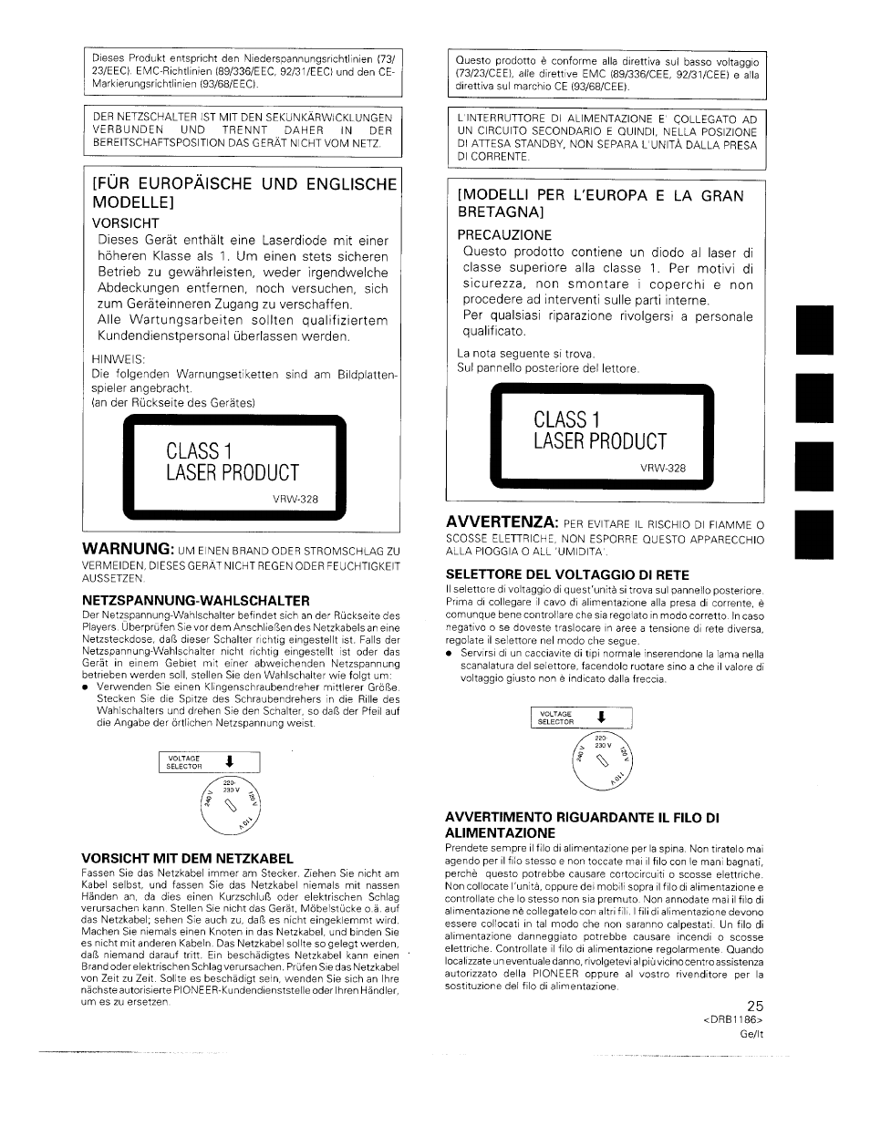 Laser product, Netzspannung-wahlschalter, Vorsicht mit dem netzkabel | Selettore del voltaggio di rete, Avvertimento riguardante il filo di alimentazione, Pi 1, Modelli per l'europa e la gran bretagna, Warnung, Avvertenza, Für europäische und englische modelle | Pioneer CDJ-500II User Manual | Page 25 / 91