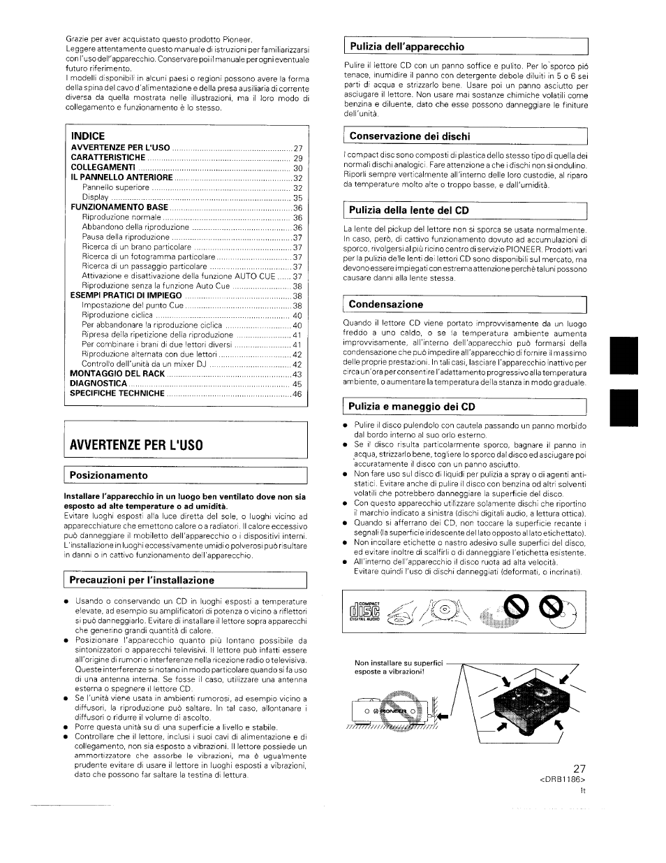 Indice, Conservazione dei dischi, Pulizia della lente del cd | Condensazione, Pulizia e maneggio dei cd, Avvertenze per l'uso | Pioneer CDJ-500II User Manual | Page 27 / 91