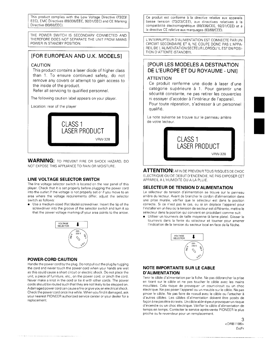 Laser product, Line voltage selector switch, Power-cord caution | Selecteur de tension d'alimentation, Note importante sur le cable d'alimentation, Warning, Attention | Pioneer CDJ-500II User Manual | Page 3 / 91