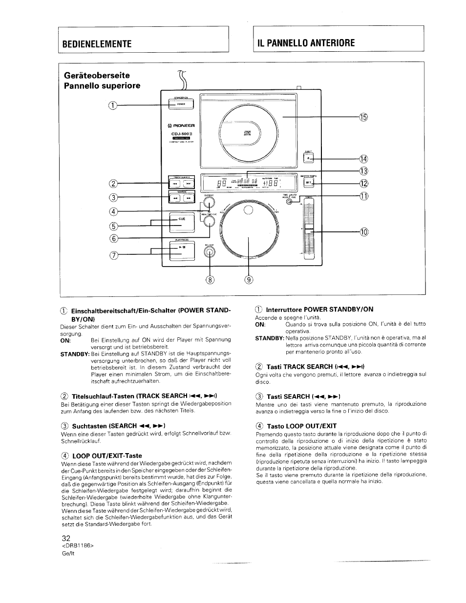 2) titelsuchlauf-tasten (track search ►►!), 3) suchtasten (search ►►), 4) loop out/exit-taste | Interruttore power standby/on, Tasti track search ►*h), 0 tasto loop out/exit | Pioneer CDJ-500II User Manual | Page 32 / 91