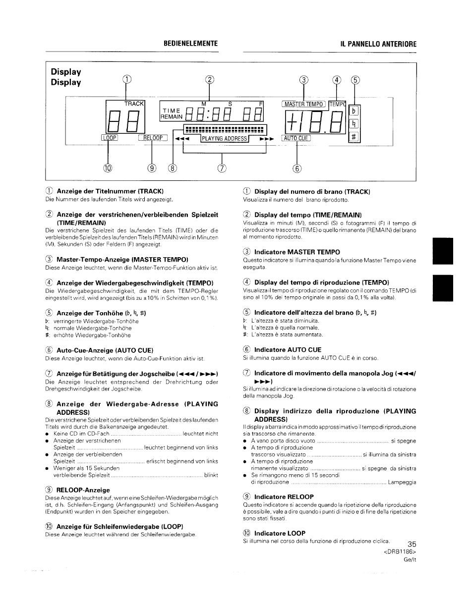 Vl anzeige der titelnummer (track), Master-tempo-anzeige (master tempo), Anzeige der wiedergabegeschwindigkeit (tempo) | Anzeige der tonhöhe (b, n, #), D) auto-cue-anzeige (auto cue), Anzeige der wiedergabe-adresse (playing address), Reloop-anzeige, Anzeige für schleifenwiedergabe (loop), Display del numero di brano (track), Indicatore master tempo | Pioneer CDJ-500II User Manual | Page 35 / 91